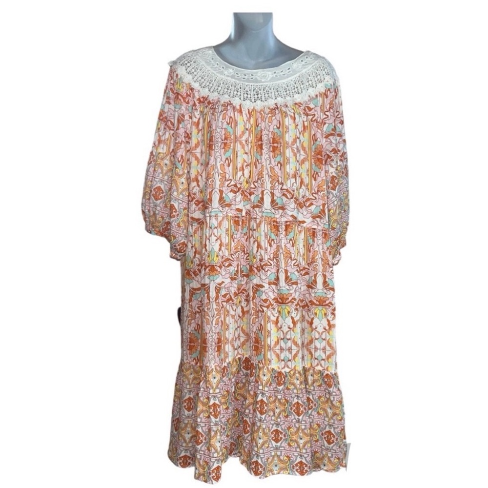 Anthropologie Pink Rose Boho Tie Back Midi Dress size Medium